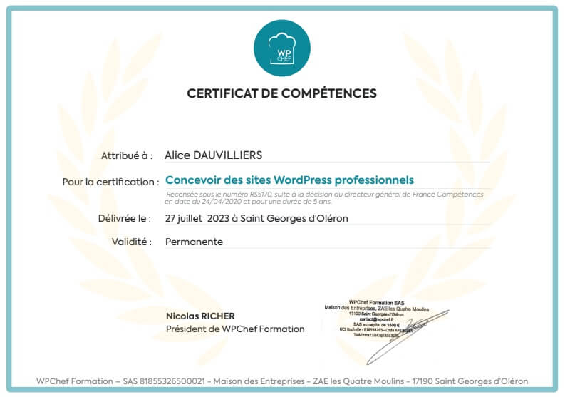 Certification création de sites professionnels WordPress Alice Dauvilliers