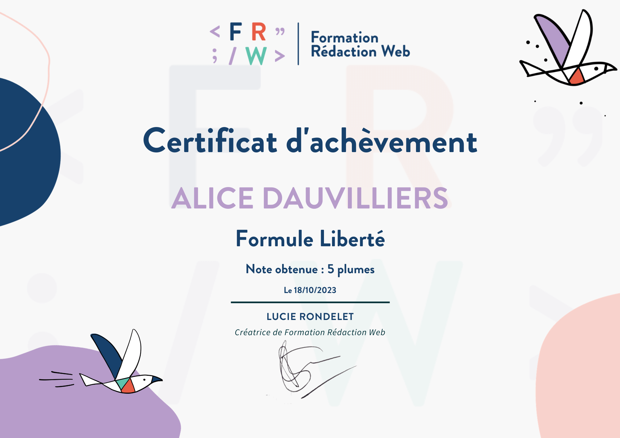 Certificat d'achèvement rédactrice web Alice Dauvilliers