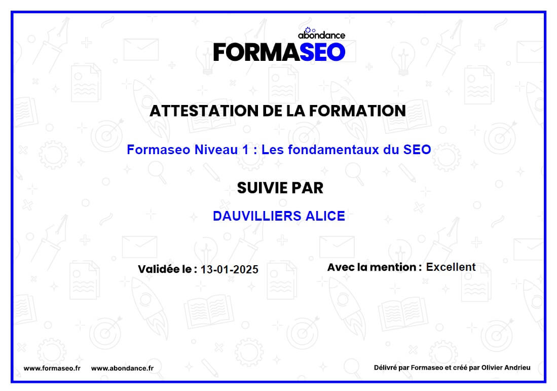 Attestation de formation Formaseo Alice Dauvilliers